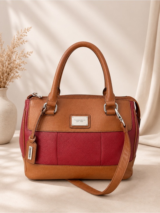Tignanello Handbags - Tignanello Colorblock Leather Satchel Crossbody Brown Burgundy Pebbled Leather